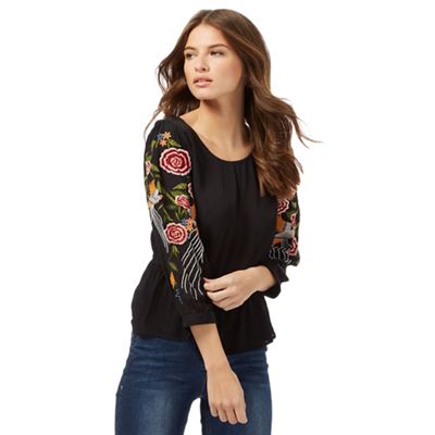Black long sleeve embroidered top